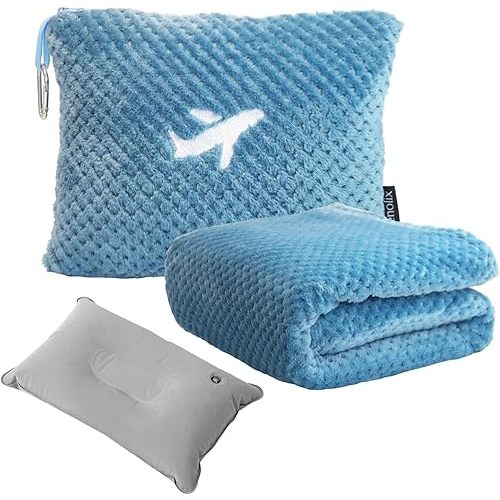 Travel Blanket Airplane Compact with Bag, Travel Essentials 3 in 1 Packable Airplane Blanket, Travel Pillow and Blanket Set, Inflatable Pillow, Luggage Sleeve & Backpack Clip (Slate Blue)