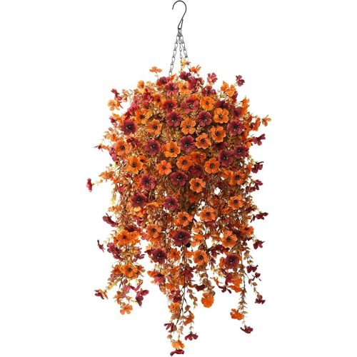 Fall Artificial Fake Mums Hanging Flowers Plants Basket for Outdoor Decoration,Faux Silk Daisy planters UV Resistant Look Real for Home Porch Patio Balcony Yard Autumn Decor (Orange Brown)