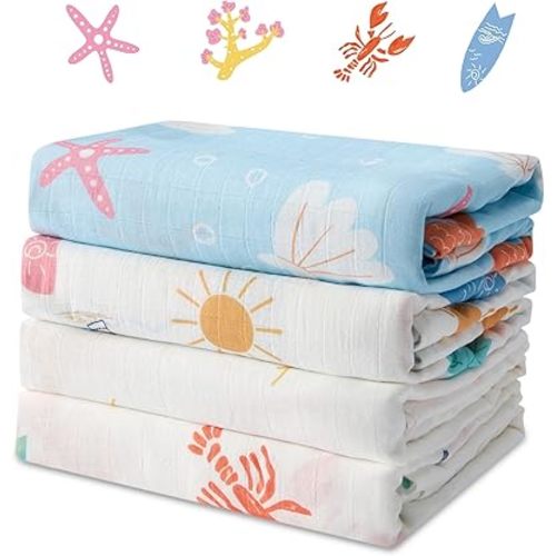Muslin Swaddle Blankets for Newborn, 4 Pack Soft Breathable Receiving Blanket, Large 47 x 47 inches, Ocean Adventure Theme Unisex Baby Swaddling Wrap Burp Cloth for Boys & Girls, Essential Infant Gift