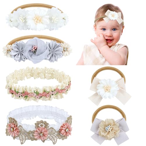 Dizila 6 Pieces Super Soft Stretchy Gray Khaki White Baby Girl Bow Flower Nylon Headbands Floral Lace Headbands Hair Accessories for Newborns Infants Toddlers Girls Kids