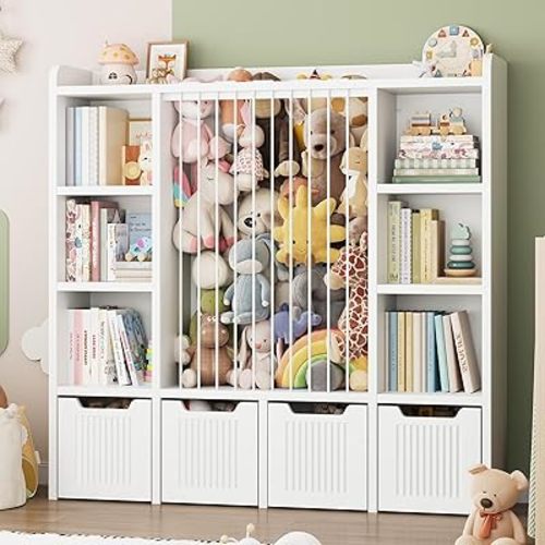 ONBRILL Toy Storage Organizer, Toddler Stuffed Animal Storage, Kids Toy Shelf with 6 Open Cubbies & 4 Movable Toy Chest, Bookshelf for Kids Room Playroom Bedroom Nursery (White)