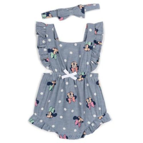Disney Minnie Mouse Infant Baby Girls Square Neck Chambray Romper And Bow Headband Polka Dots Blue 18 Months