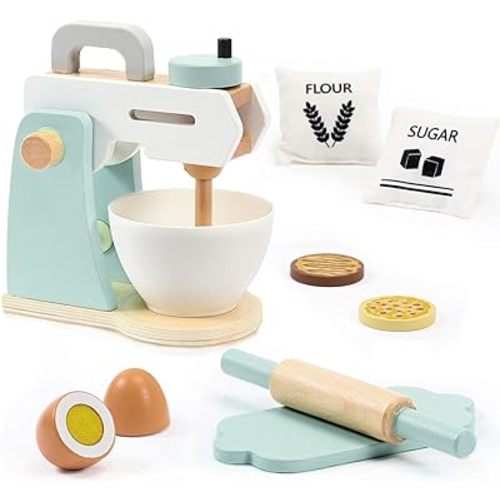Play Kitchen Accessories, Frogprin Wooden Toy Mixer Set, Pretend Play Food Sets for Kids Kitchen - Includes Extra Egg, Rolling Pin, Cookies, Sugar, Flour