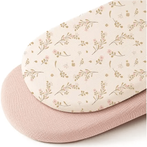 Konssy 2 Pack Muslin Fitted Bassinet Sheets for Baby Girl Boy, Soft Breathable Baby Bassinet Sheets Fit for Baby Bassinets, Cradle, Moses Basket Oval Rectangle Pad/Mattress (Pink, Floral)