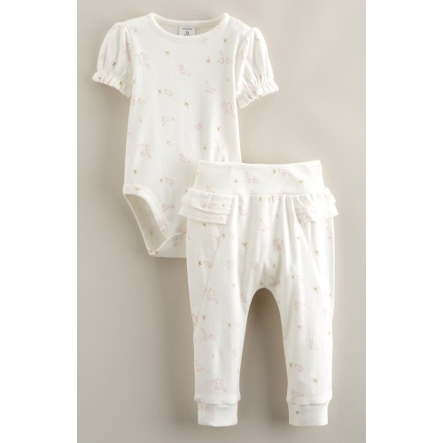 Print Cotton Bodysuit & Ruffled Joggers Set
