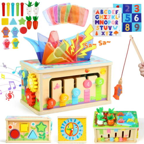 UUSUOO 8-in-1 Montessori Tissue Box Toy for Babies 6-12 Months,Wooden Activity Cube for Babies,Baby Puzzles 12-18 Months,Sensory Toys for Toddlers 1-3, Baby 1st Birthday Gift,Christmas Gifts for Baby