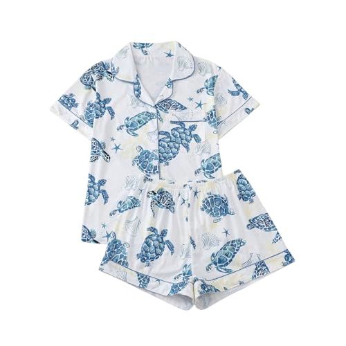 Verdusa Women's 2 Piece Pajama Sets Summer Pajamas Cute Pj Set Lounge Matching Pjs Button Shirt with Shorts
