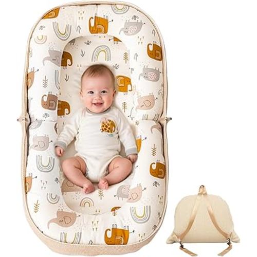 Baby Lounger, Foldable Infant Nest Pillow with Soft Memory Foam Mat, Cover with Adorable Pattern, Converts to Backpack for Easy Travel, 0-12 Months, White