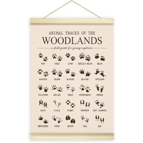Utaqer Animal Tracks Field Guide Sign Poster Hanger Frame, Woodland Tracks Wooden Canvas Art Print Hanging, Wall Art Decor for Baby Toddler Kids Nursery Bedroom Playroom Classroom, 12x16 Inches /017