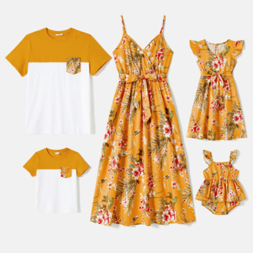 PatPat Family Matching Mommy and Me Allover Floral Print Belted Strappy Dresses and Short-sleeve Colorblock T-shirts Sets, Yellow, Mom M