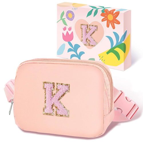 COSHAYSOO Valentines Birthday Initial Gifts for Teen Girls 5 6 7 8 9 10 11 12 13 14 Year Old Pink Fanny Pack for Girls Belt Bag Crossbody Travel Purse Unique Trendy Girly Stuff Chenille Letter K