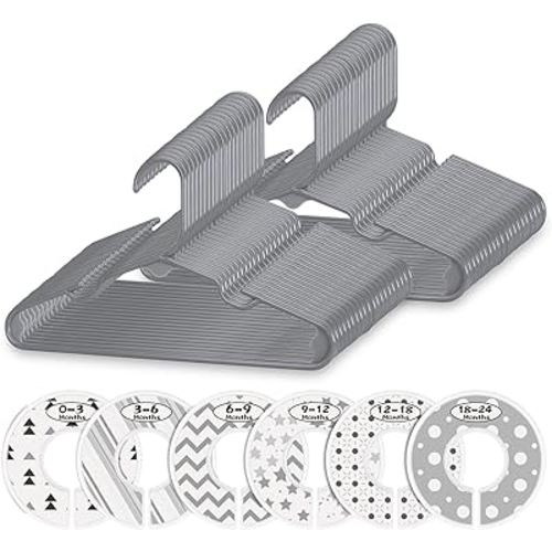 Minnebaby Plastic Baby Hangers 60 Pack, Ultra Thin No Slip Infant Nursery Clothes Hangers with 6 Pcs Cute Clothing Dividers for Boys & Girls Closet Organizer, Gray Kids Hangers