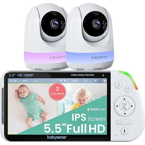Babysense 5.5” 1080p Full HD Split-Screen Baby Monitor, Video Baby Monitor with 2 Cameras and Audio, 6-Color RGB Night Light, 1000ft Range, Two-Way Audio, 4X Zoom, 5000mAh Battery