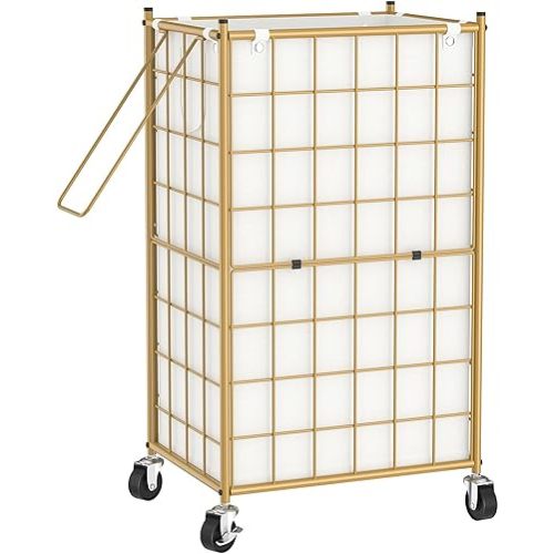 WOWLIVE Laundry Hamper with Wheels,Metal Wire Frame Rolling Laundry Basket with Removable bag,100L Dirty Clothes Hamper Organizer Dorm Room Storage for Bedroom,Bathroom,Golden