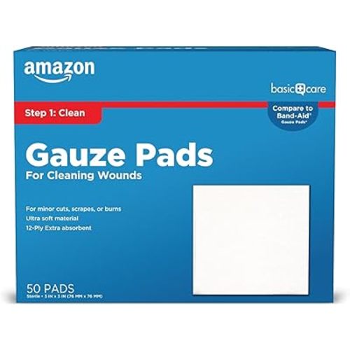 Amazon Basic Care Gauze Pads, 3x3 inches Sterile Medical Wound Dressing Sponges for Cleaning, Covering, & Cushioning Cuts & Minor Injuries, 50 Count (Pack of 1), (Previously All Health)