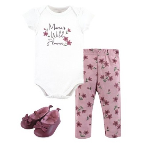 Hudson Baby Infant Girl Cotton Bodysuit, Pant and Shoe Set, Plum Wildflower, Newborn