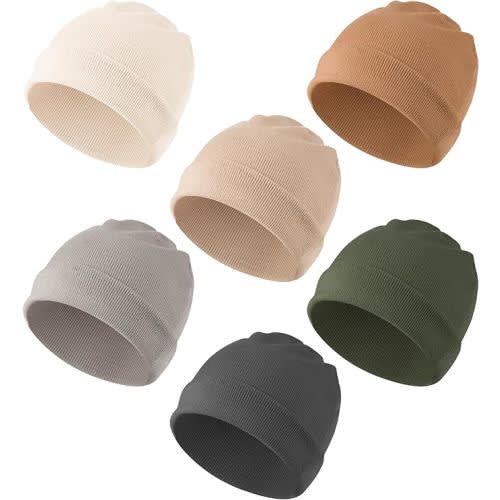 Konssy 6 Pack Baby Beanie Hats for Unisex, Toddler Beanies Baby Girl Boy Hat Warm Cap for Baby, Infant, Toddler 0-24 Months - White,clay,gray,green,terracotta,dark Gray