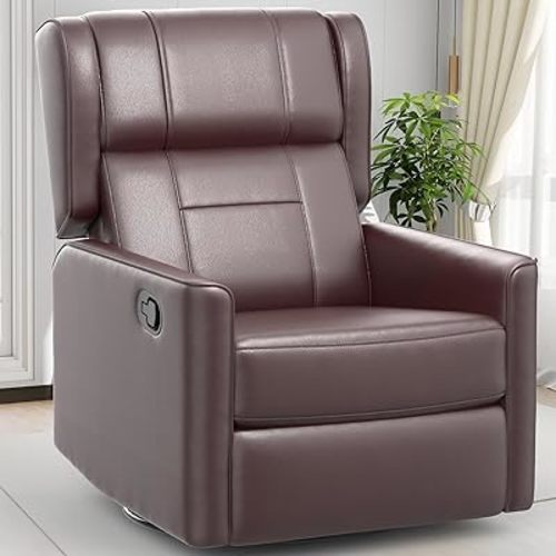 Recliner Chair, 360 Swivel Rocker Chair for Adults, Elegant Rocking Reclining for Small Spaces, Upholstered Leather Glider Recliner Nursery Sofa for Living Room, Nursery, Brown