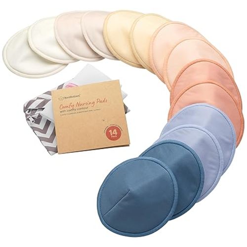 Organic Nursing Pads - 14 Washable Breast Pads for Breastfeeding, Wash Bag, Viscose Derived from Bamboo Reusable Nipple Covers for Breastfeeding Essentials, Soft & Absorbent (Sweetheart, L 4.8")