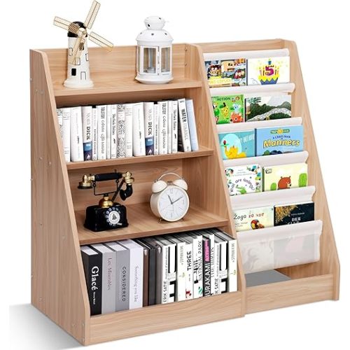 4 Tier Wooden Kids Bookshelf, 5 Layer Sling Toddler Bookcase, Book and Toy Organizer Cabinet, Montessori Baby Bookshelf for Home, Nursery, Playroom, Bedroom, Kindergarten, Wood