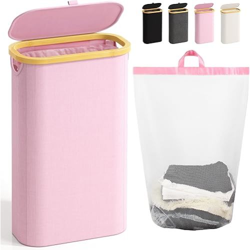 75L Slim Laundry Hamper with Lid, Dirty Clothes Hampers for Laundry, Collapsible Laundry Baskets for Small Spaces, Bedroom, Bathroom, Laundry Room, Pink