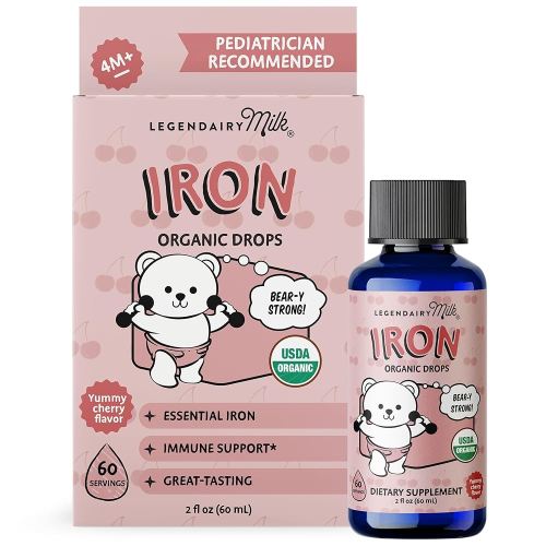 Legendairy Milk Organic Liquid Iron Supplements for Kids - Sugar Free Liquid Iron for Kids - for Ages 4 Months to 3 Years - Cherry Flavor, 60 Servings