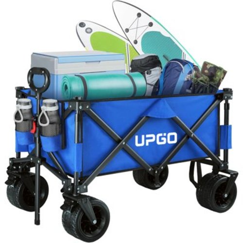 UPGO 200L Collapsible Foldable Wagon with 350lbs Weight Capacity, Heavy Duty Folding Utility Garden Cart with Big All-Terrain Beach Wheels & Drink Holders.Blue