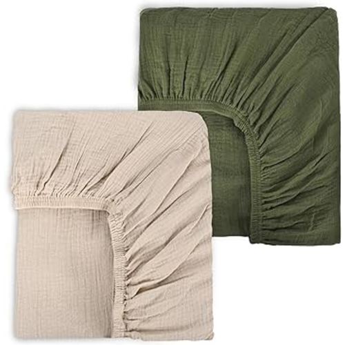 Muslin Fitted Crib Sheets for Girls & Boys-2 Pack 28"x 52" Soft Baby Mattress Sheet-No Slip Boho Neutral Breathable Toddler Cotton Bedding Olive Green & Beige Colors
