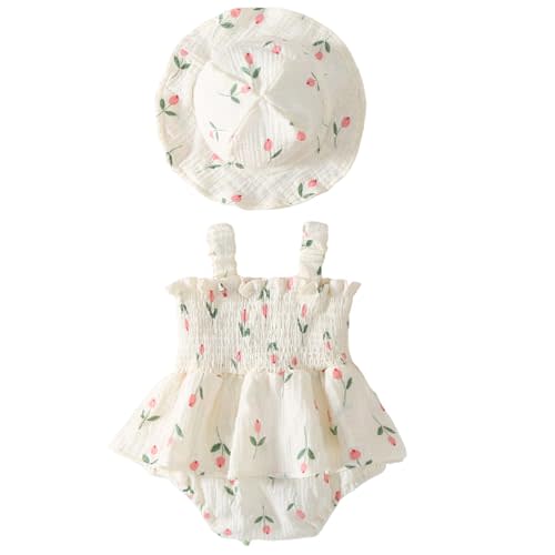 Mubineo Baby Girl Clothes Summer Dress Cotton Linen Romper Sleeveless Smocked Rompers Sun Dress Hat Skirt Boho Outfits