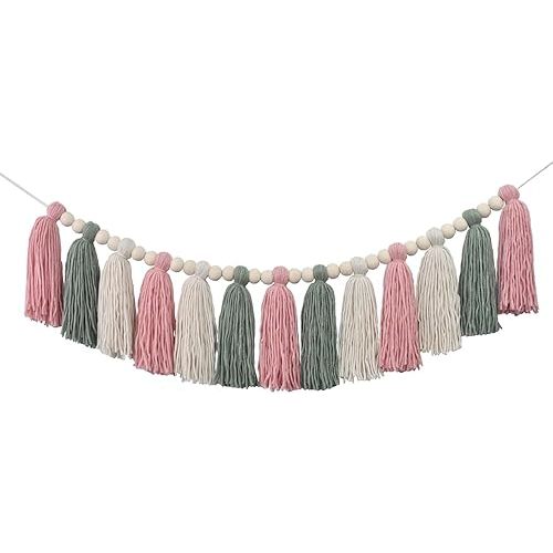 DrCor Boho Pink & Sage Green Tassel Garland – Soft Pastel Wall Hanging for Nursery, Kids Room or Dorm, Baby Shower, Birthday Party Backdrop, or Cozy Fall Home Decor