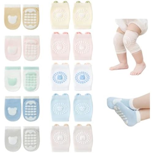 Baby Crawling Knee Pads and Socks with Anti-Slip Grips 10 Pairs Unisex Baby Toddler Nonslip Kneepads & Ankle Socks