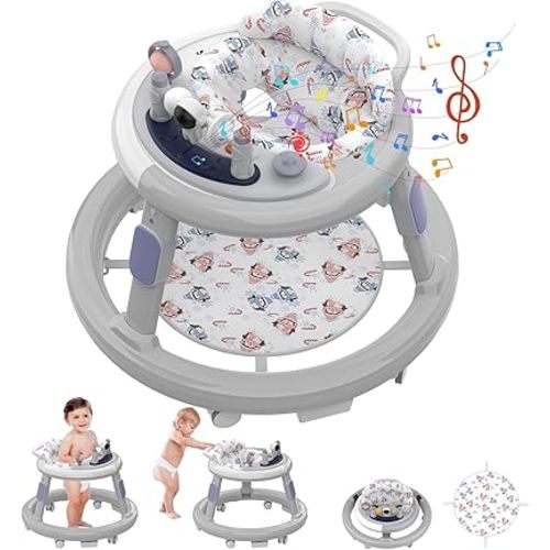 Baby Walker Foldable, Baby Walker with Wheels, Infant Toddler Walker with Foot Pads, Anti-Fall Baby Walkers and Activity Center for Boys Girls Babies 6-24 Months with Music Adjustable Heights (Grey)