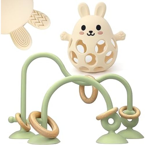 Baby High Chair Suction Toys Teething Chew - Baby Teething Toys Silicone Teethers, Baby Table Toys, Food Grade Silicon for 6 12 18 Months (GreenCream)