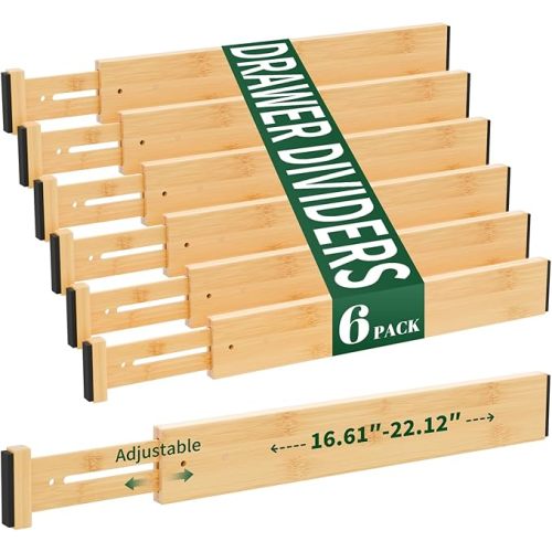 6 Pack Bamboo Drawer Dividers 2.6" High,17-22" Adjustable Spring Loaded Clothes Drawer Organizers for Kitchen, Dresser, Bathroom, Bedroom and Office
