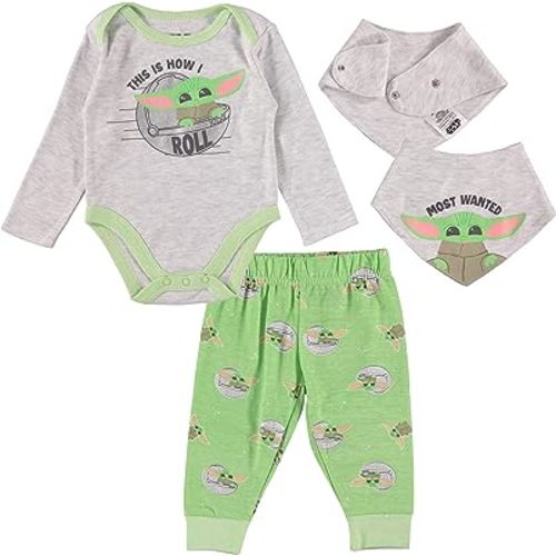 STAR WARS Baby Yoda Boys' 3 Piece Long Sleeve Bodysuit Pull-on Pants and Accessory
