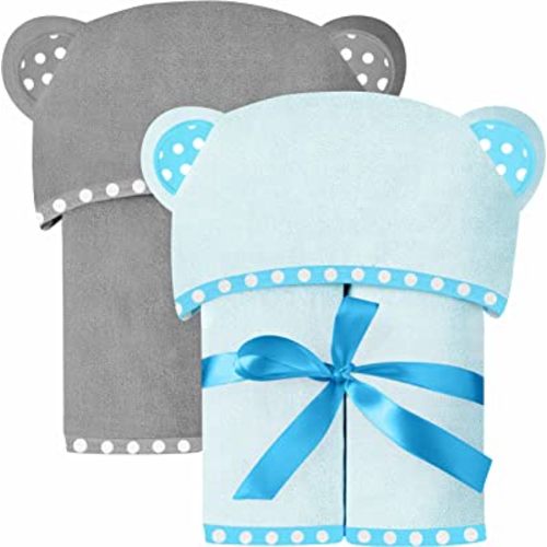 Set of 2 Hooded Baby Towels – Blue and Grey – Luxurious, Large and Super Absorbent – 30 x 30 Inch – Soft and Suitable for Infants, Toddlers and Kids – 400 GSM