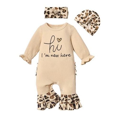 KANGKANG Newborn Girl Clothes Onesie for Baby Girl Ruffle Romper Boho Infant Bell Bottom Jumpsuit with Headband Hat