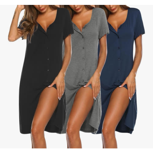 Ekouaer 3 Pack Women's Button Down Nightgowns Short Sleeve Night Shirts for Women Sleepwear V Neck Sleep Dress