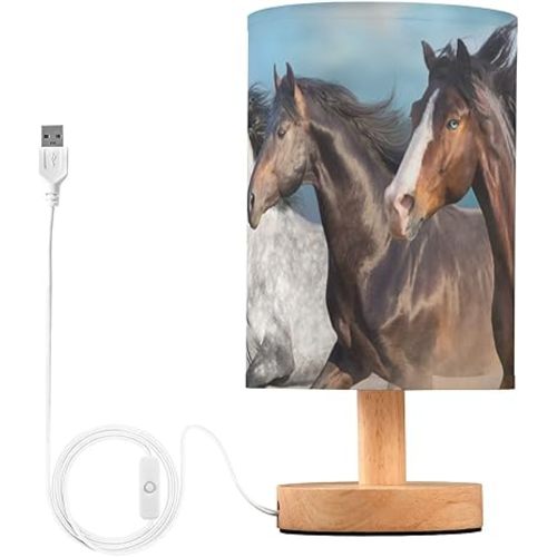 Bedside Lamp Horses Table Lamp for Bedroom LED Nightstand Lamp Shade USB Ports Wood Base for Living Room Dorm Office