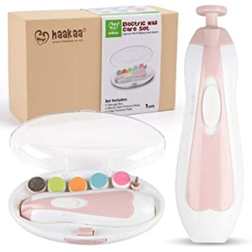 haakaa Baby Nail Trimmer Electric Safe Baby Nail Clippers Baby Nail File Kit Manicure Set, Trim Polish Grooming kit for Newborn Toddler or Adults Toes Fingernails, 6 Grinding Heads and LED Light, Pink