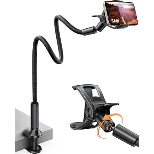 SAIJI Gooseneck Phone Holder for Bed Overall Length 38.6” Flexible Leather Wrapped Arm Overhead Cell Phone Mount Stand with 360° Adjustable Clamp Clip, Compatible with All 4-7” Cellphones (Black)