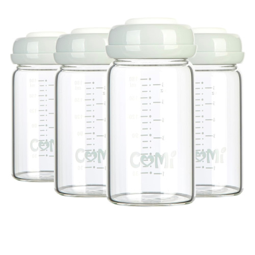 COMI Wide Neck Glass Breastmilk Collection n Storage Bottle, 4 Packs, 6oz with Screw Ring Sealing Disk; Re-markable Sealing Disc. BPA Free, Fits Breast Pumps & Nipples (4 Gray Lids)