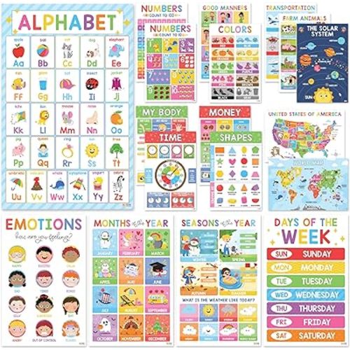 BEAWART 18 Laminated Educational Posters For Toddlers, Preschool Posters for Classroom, Kindergarten Wall Decor, PreK Learning Materials Alphabet Number Chart