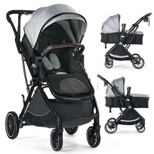 Kinder King 3 In 1 Convertible Baby Stroller, Portable Baby Carriage Pushchair With Adjustable Canopy Gray