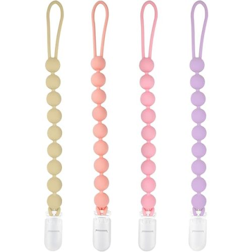 Silicone Pacifier Clip Holder, 4 Pack One Piece Soft Flexible Pacifier Holder Clip Binky Clips for Boys and Girls, Teething Relief, Baby Newborn Essentials, Birthday Christmas Shower Gift