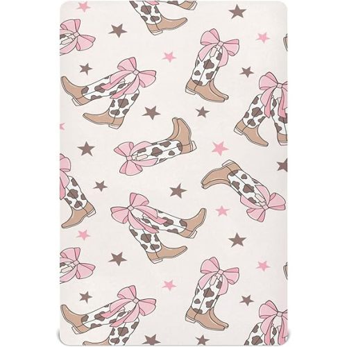Bows Cowgirl Boots Western Crib Sheets Soft Breathable Fitted Baby Crib Sheets Mattress Cover for Girl Boys, 52" x 28" x 9"