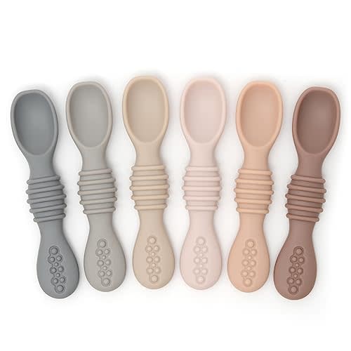 PrimaStella Silicone Chew Spoon Set for Babies and Toddlers - Safety Tested - BPA Free - Microwave, Dishwasher and Freezer Safe - Neutral Palette