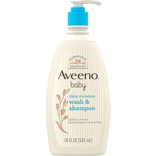 Aveeno Baby Daily Moisture Gentle Body Wash & Shampoo with Oat Extract, 2-in-1 Baby Bath Wash & Hair Shampoo, Tear- & Paraben-Free for Hair & Sensitive Skin, Lightly Scented, 18 fl. oz