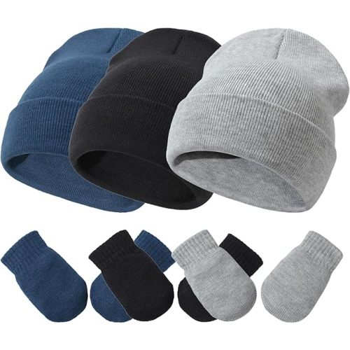Baby Hats and Mittens Set Infant Toddler Beanie Caps Hospital Hat Set Newborn Gloves for Baby Boys Girls Black/Gray/Navy S