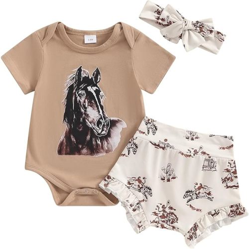 GuliriFei Western Baby Girl Outfits Horse Print Short Sleeve Romper Ruffle Shorts Headband Set Newborn Summer Cowgirl Clothes - Brown - 3-6 Months